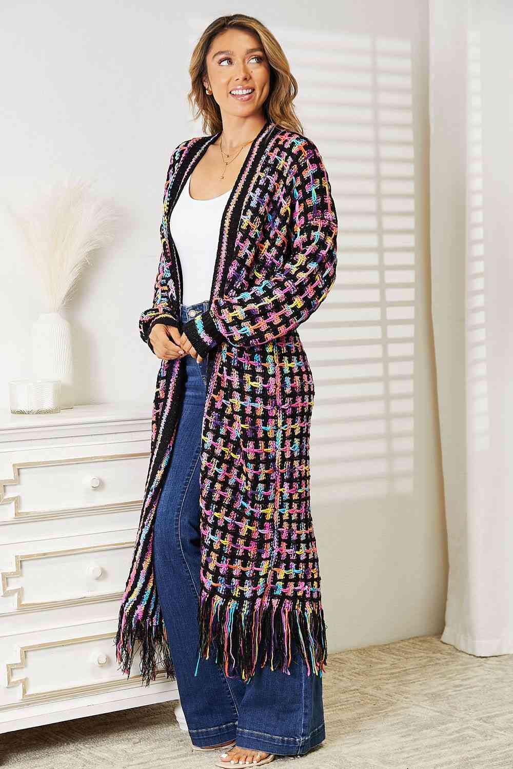 Double Take Full Size Multicolored Open Front Fringe Hem Cardigan - In Style Chics Boutique LLC