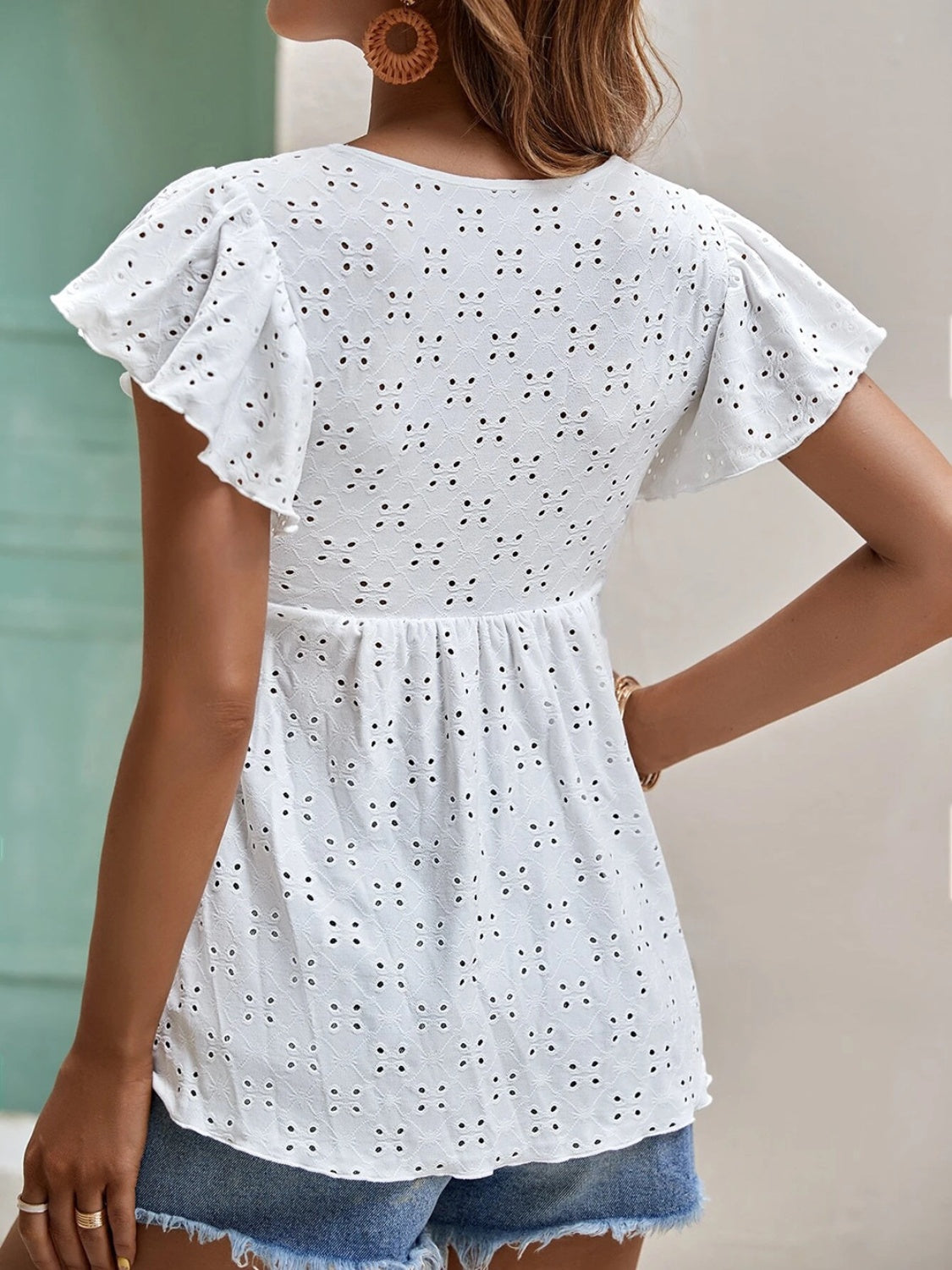 Eyelet Tie Neck Cap Sleeve Blouse - In Style Chics Boutique LLC