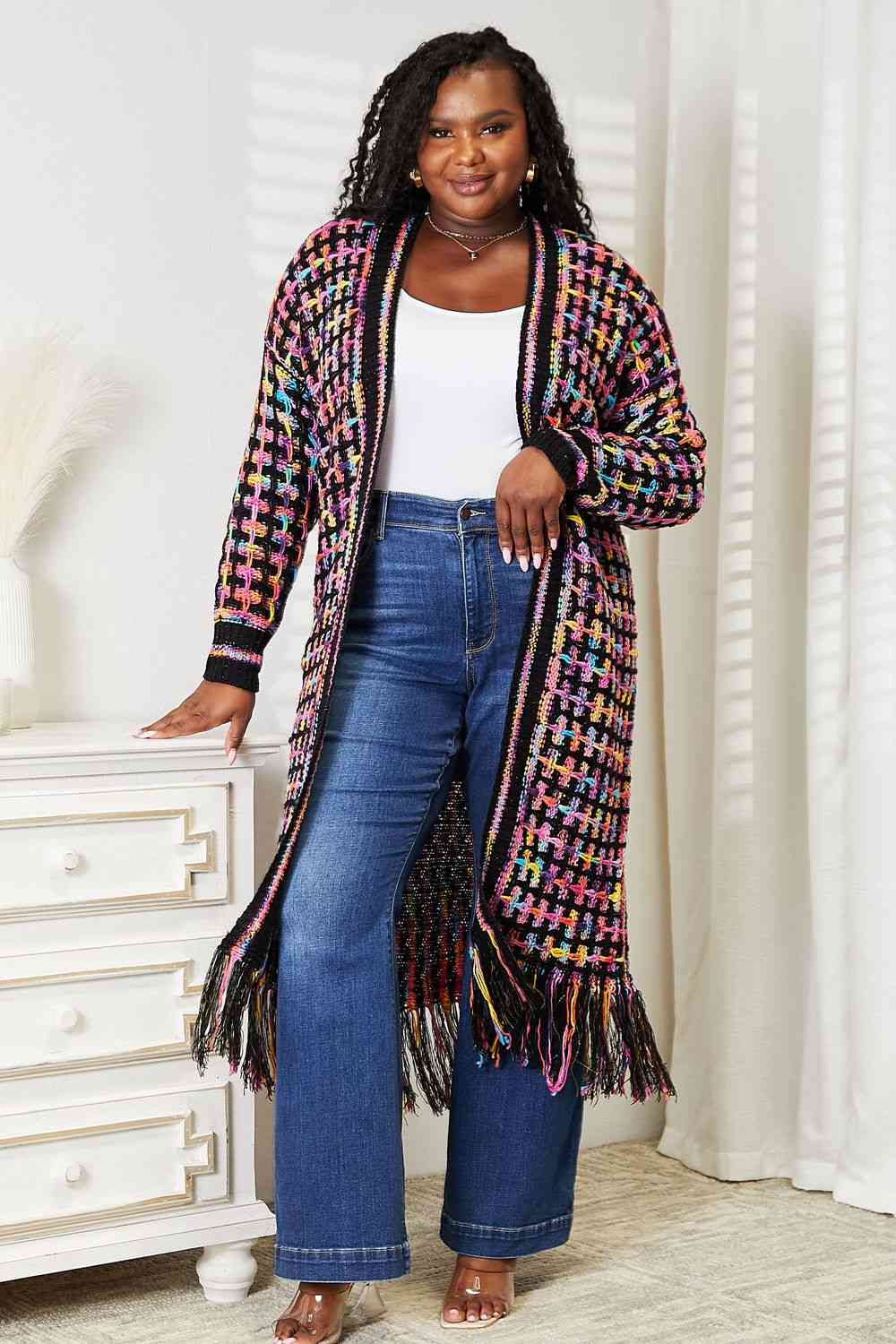 Double Take Full Size Multicolored Open Front Fringe Hem Cardigan - In Style Chics Boutique LLC