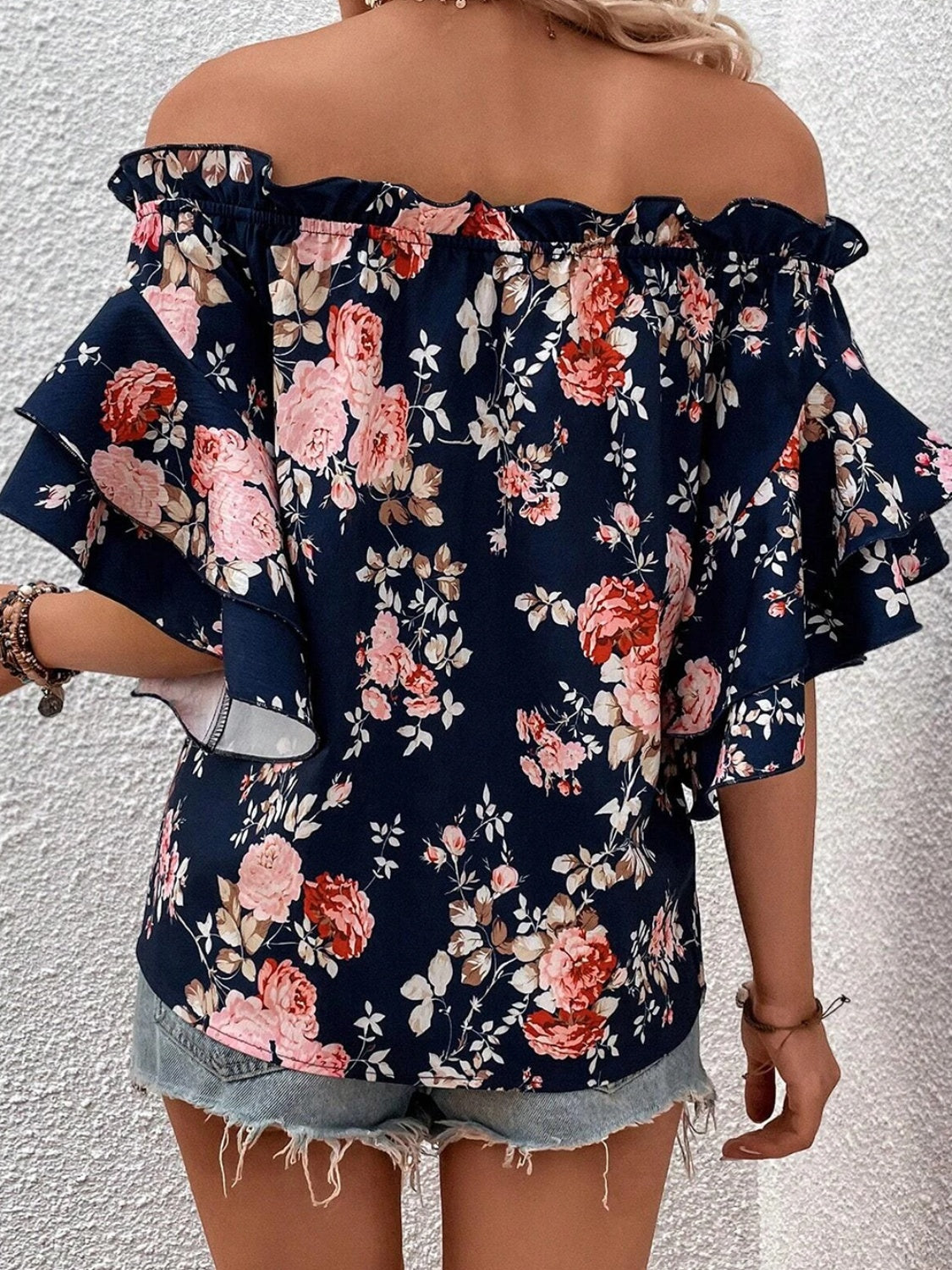 Printed Off-Shoulder Flounce Sleeve Blouse - In Style Chics Boutique LLC