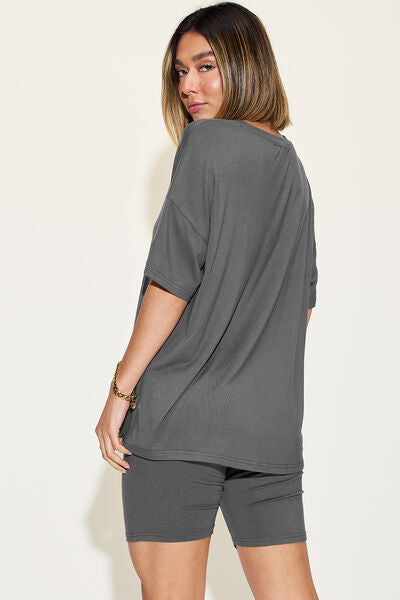 Basic Bae V-Neck Drop Shoulder Short Sleeve T-Shirt and Shorts Set - More Colors! - In Style Chics Boutique LLC
