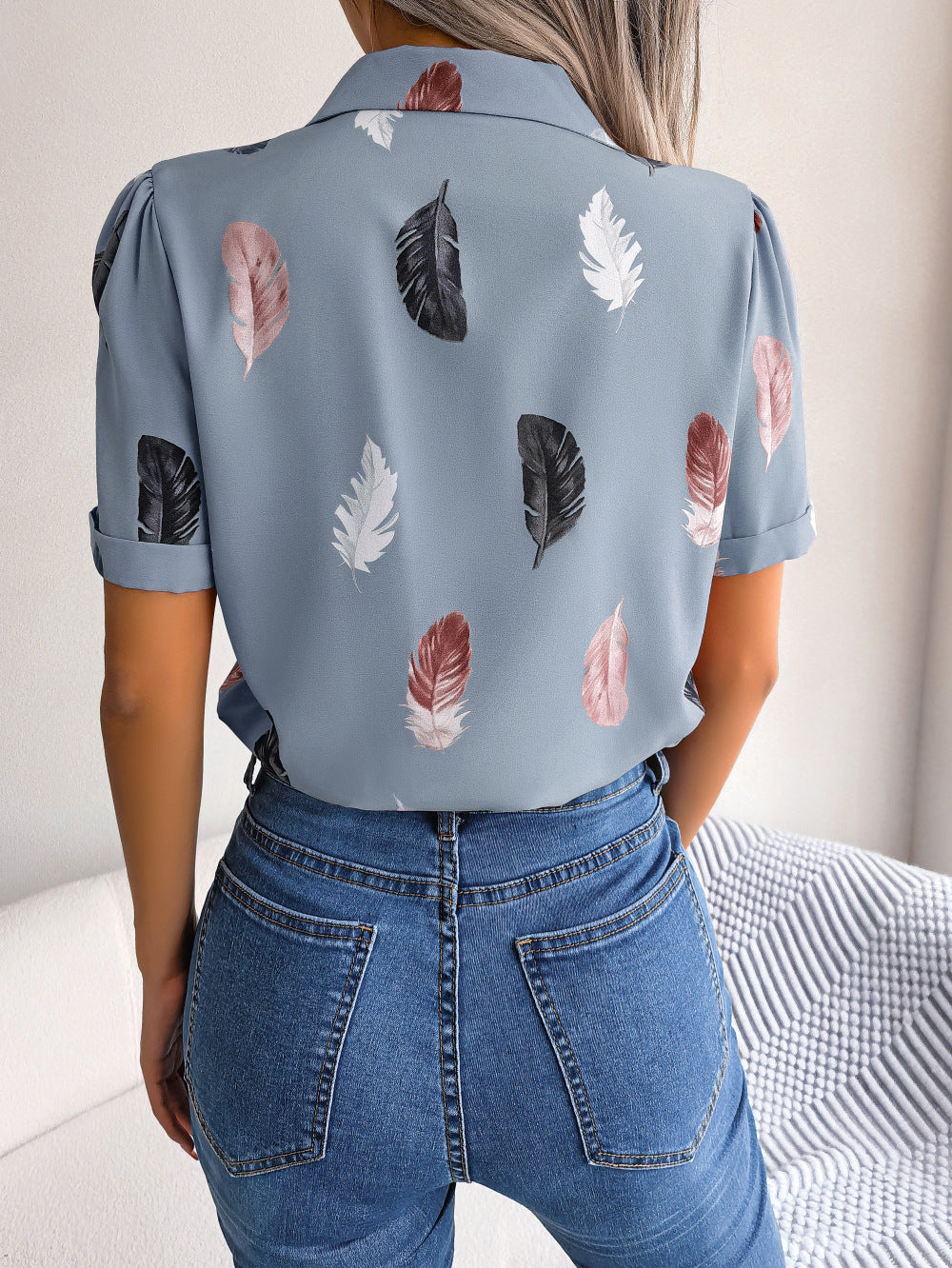 Feather Print Lapel Collar Puff Sleeve Shirt - More Colors! - In Style Chics Boutique LLC