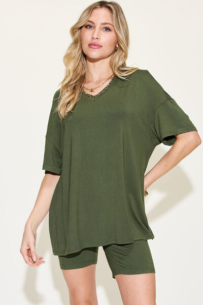 Basic Bae V-Neck Drop Shoulder Short Sleeve T-Shirt and Shorts Set - More Colors! - In Style Chics Boutique LLC
