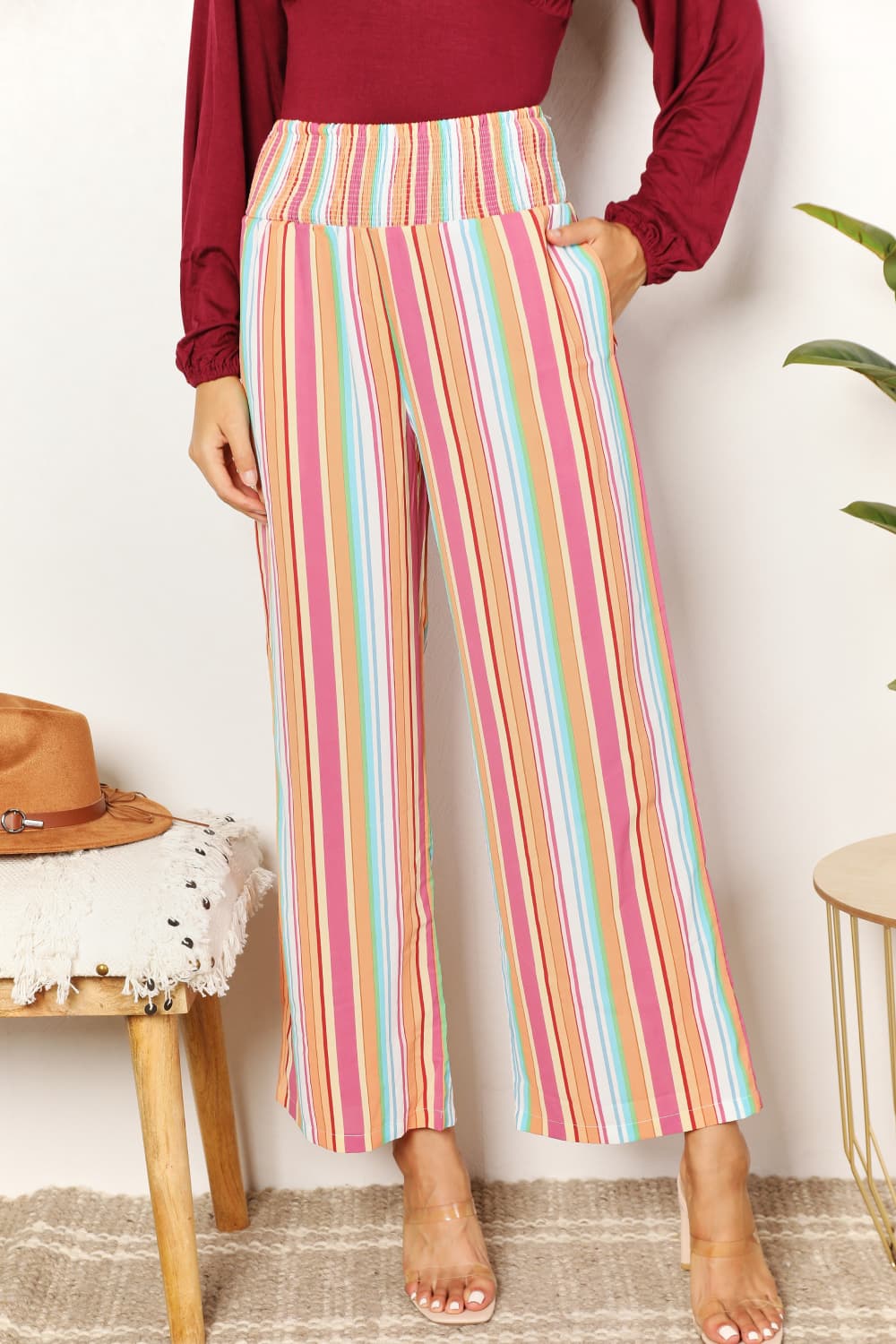 Striped Smocked Waist Pants with Pockets - In Style Chics Boutique LLC