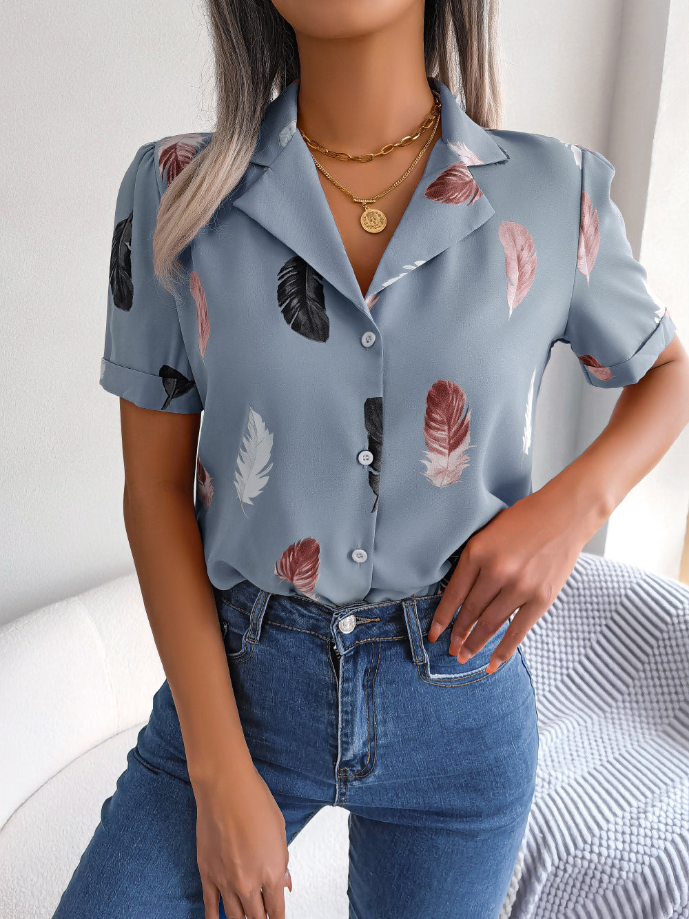 Feather Print Lapel Collar Puff Sleeve Shirt - More Colors! - In Style Chics Boutique LLC