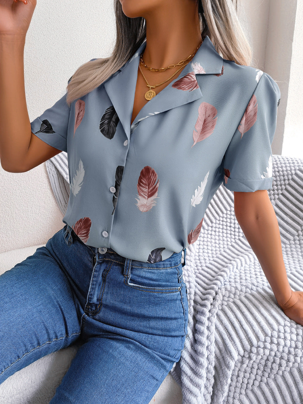 Feather Print Lapel Collar Puff Sleeve Shirt - More Colors! - In Style Chics Boutique LLC