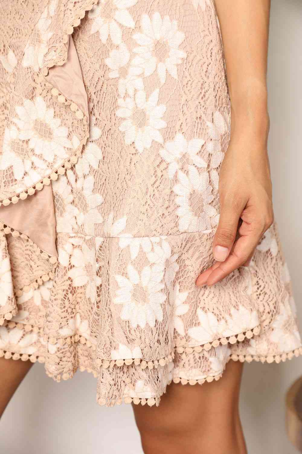 Double Take Floral Lace Pompom Detail Tie-Waist Flutter Sleeve Dress - In Style Chics Boutique LLC
