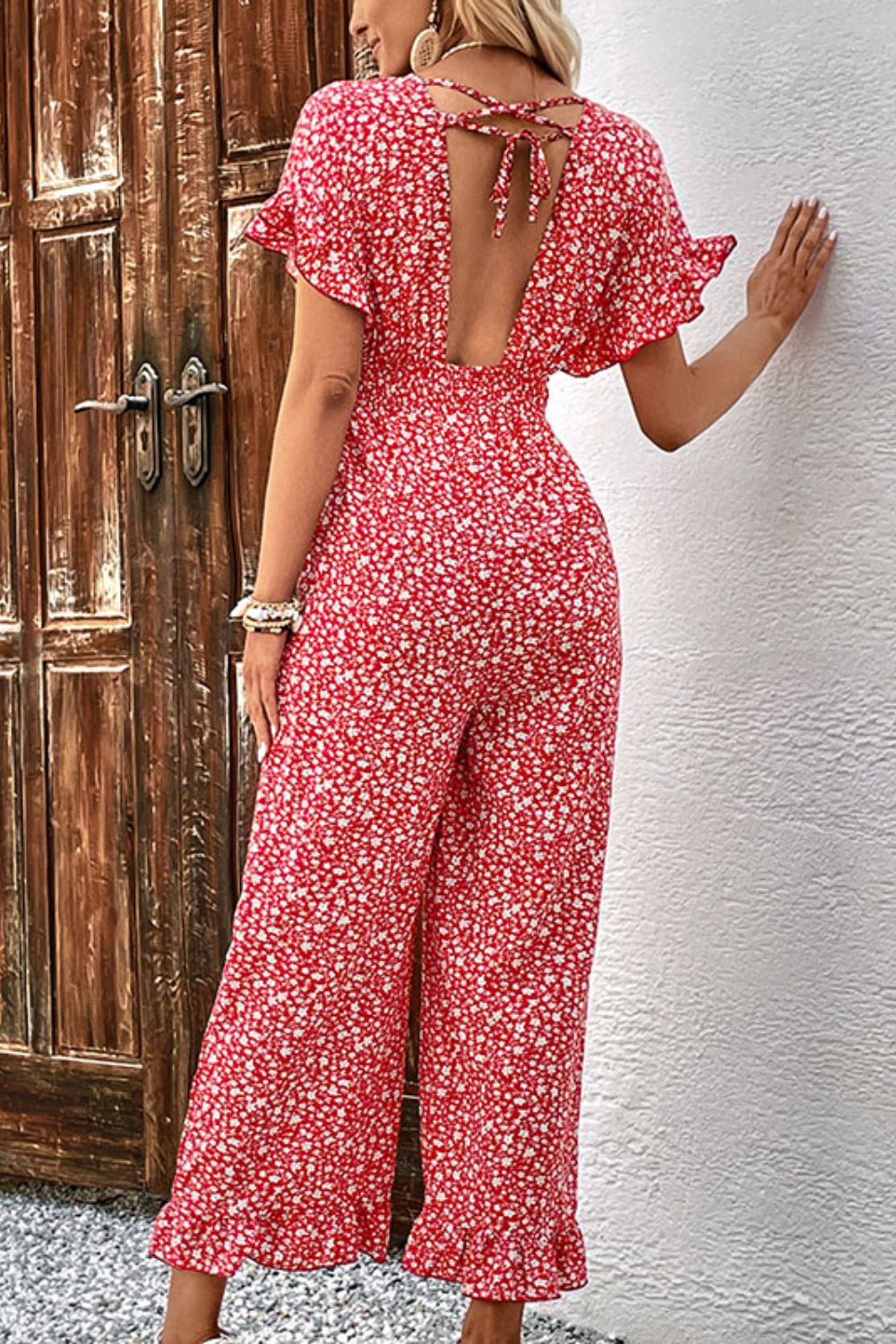Printed Tie Back Ruffled Jumpsuit - In Style Chics Boutique LLC