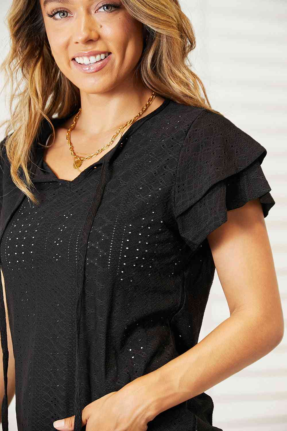 Double Take Eyelet Tie-Neck Flutter Sleeve Blouse - In Style Chics Boutique LLC