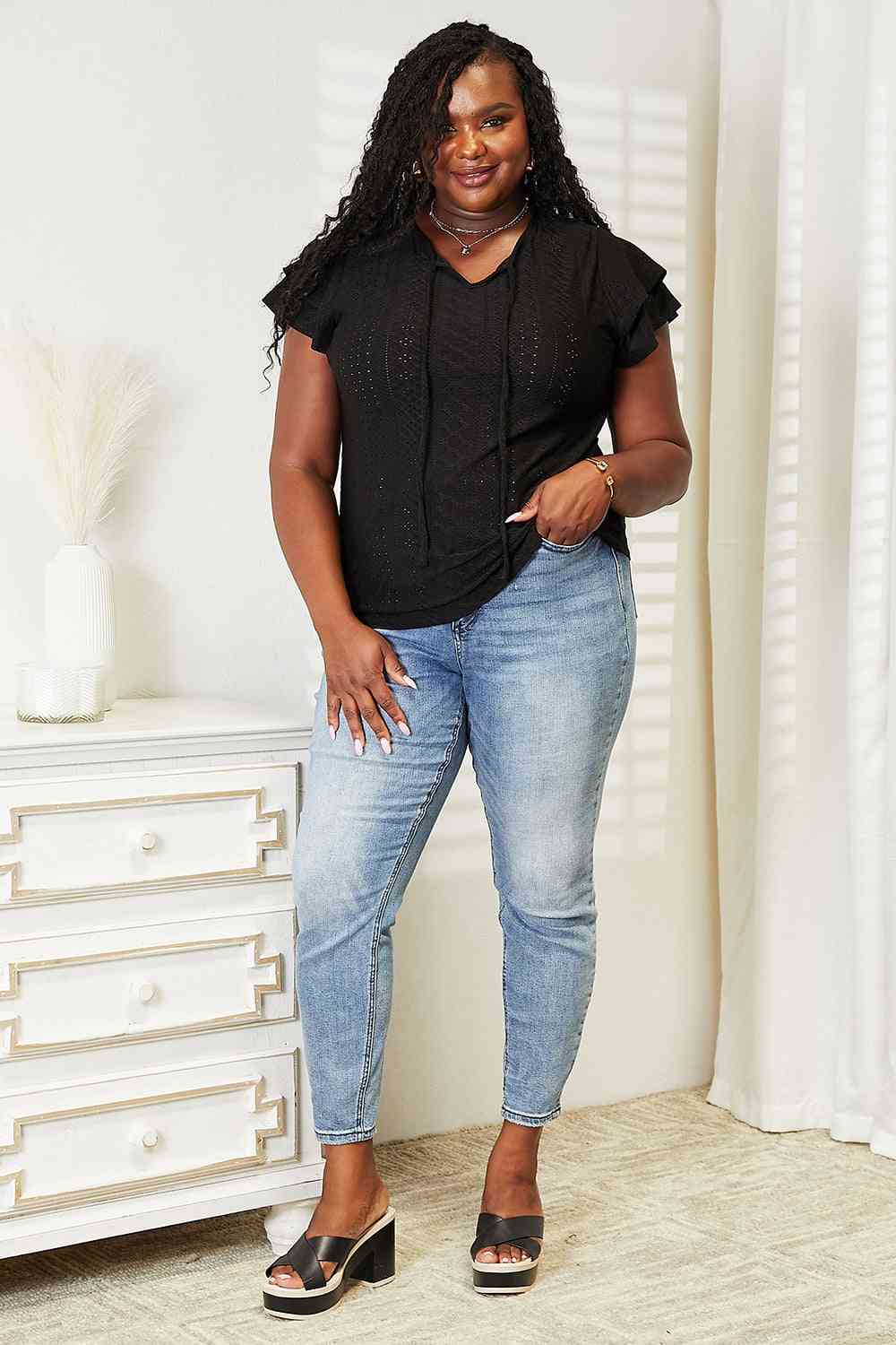 Double Take Eyelet Tie-Neck Flutter Sleeve Blouse - In Style Chics Boutique LLC