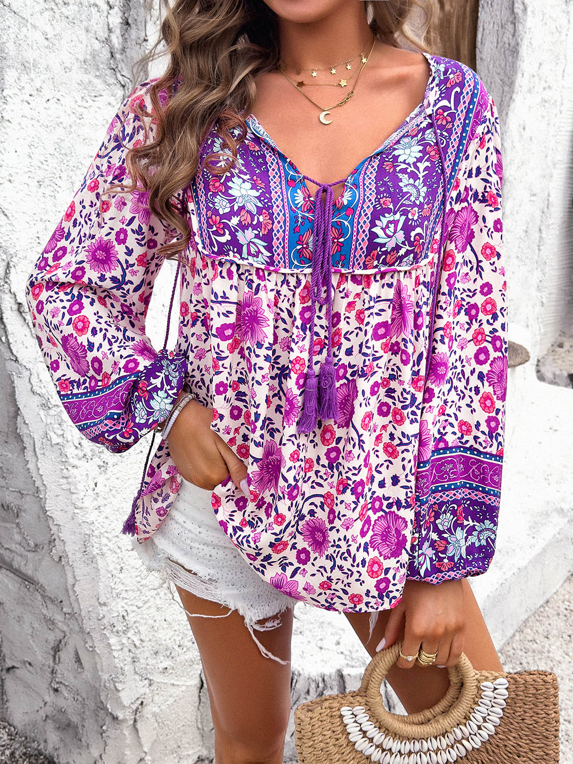 Printed Tie Neck Long Sleeve Blouse More Colors! - In Style Chics Boutique LLC