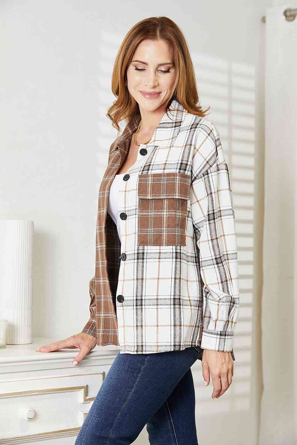 Double Take Plaid Contrast Button Up Shirt Jacket - In Style Chics Boutique LLC