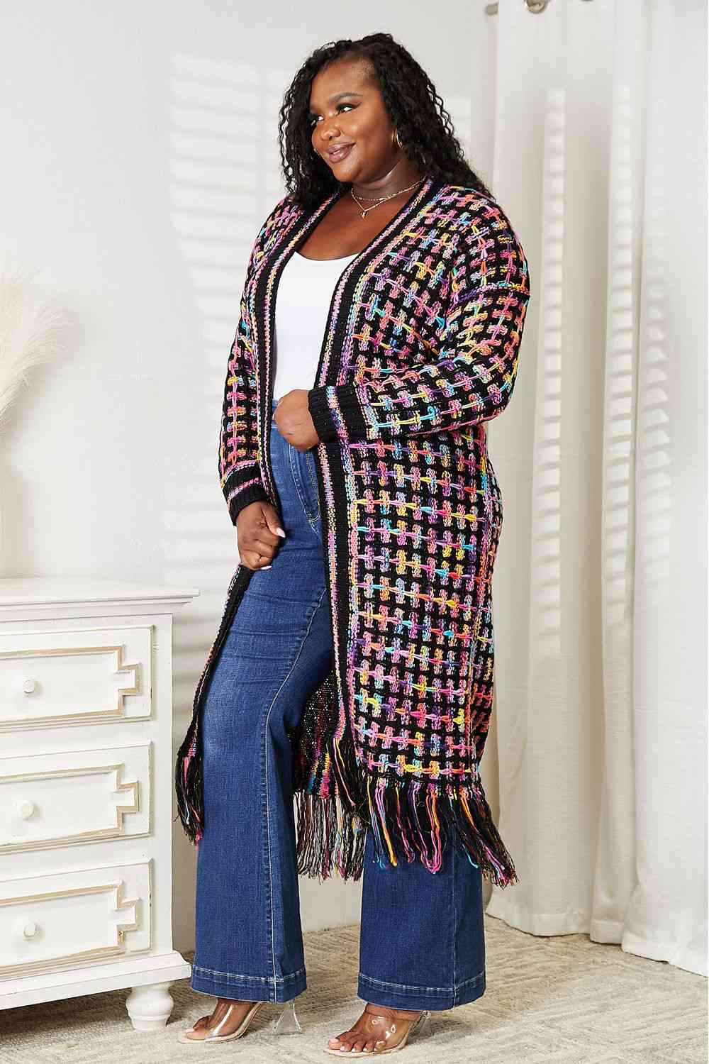 Double Take Full Size Multicolored Open Front Fringe Hem Cardigan - In Style Chics Boutique LLC