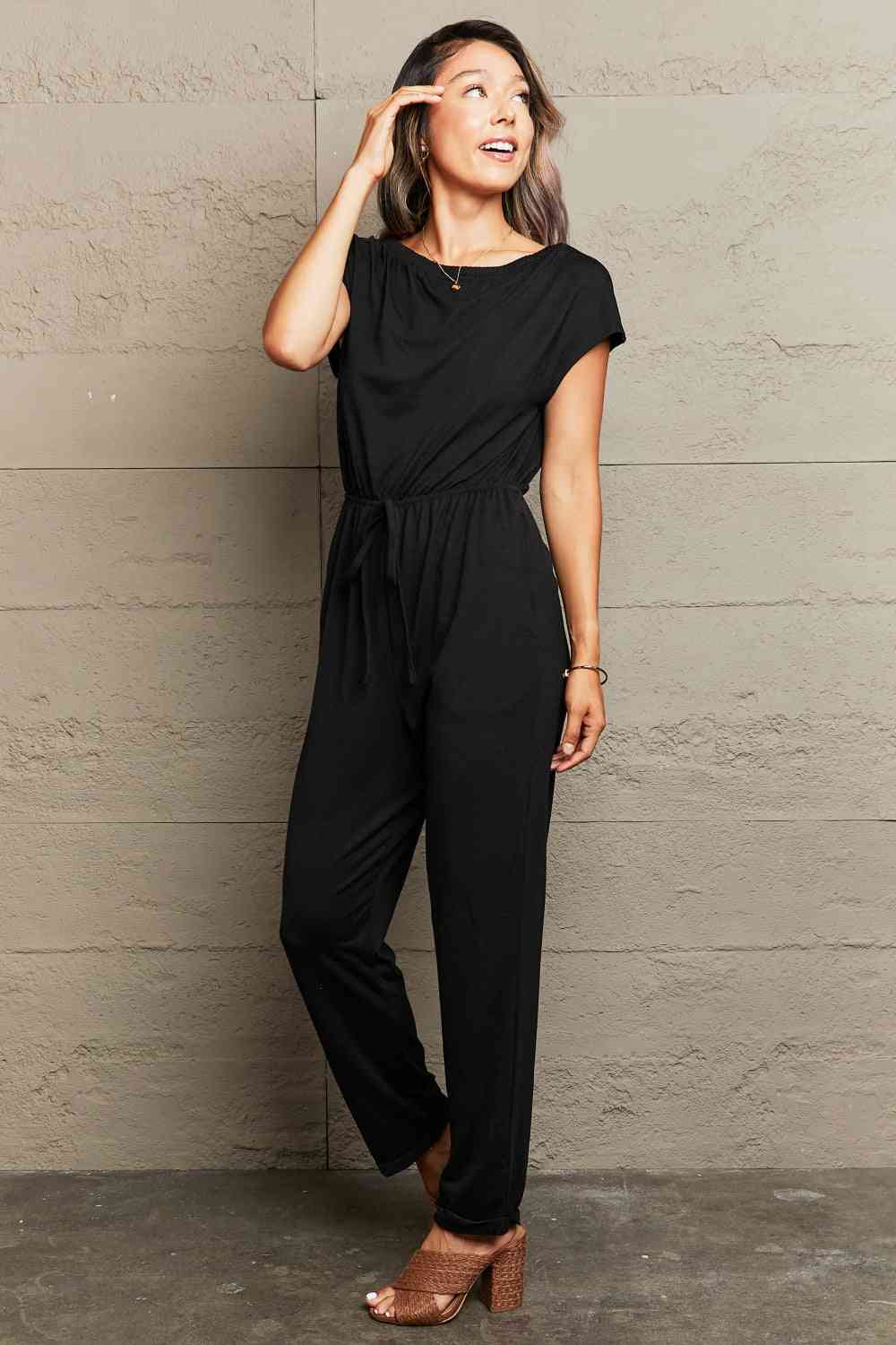Boat Neck Short Sleeve Solid Black Jumpsuit with Pockets - In Style Chics Boutique LLC