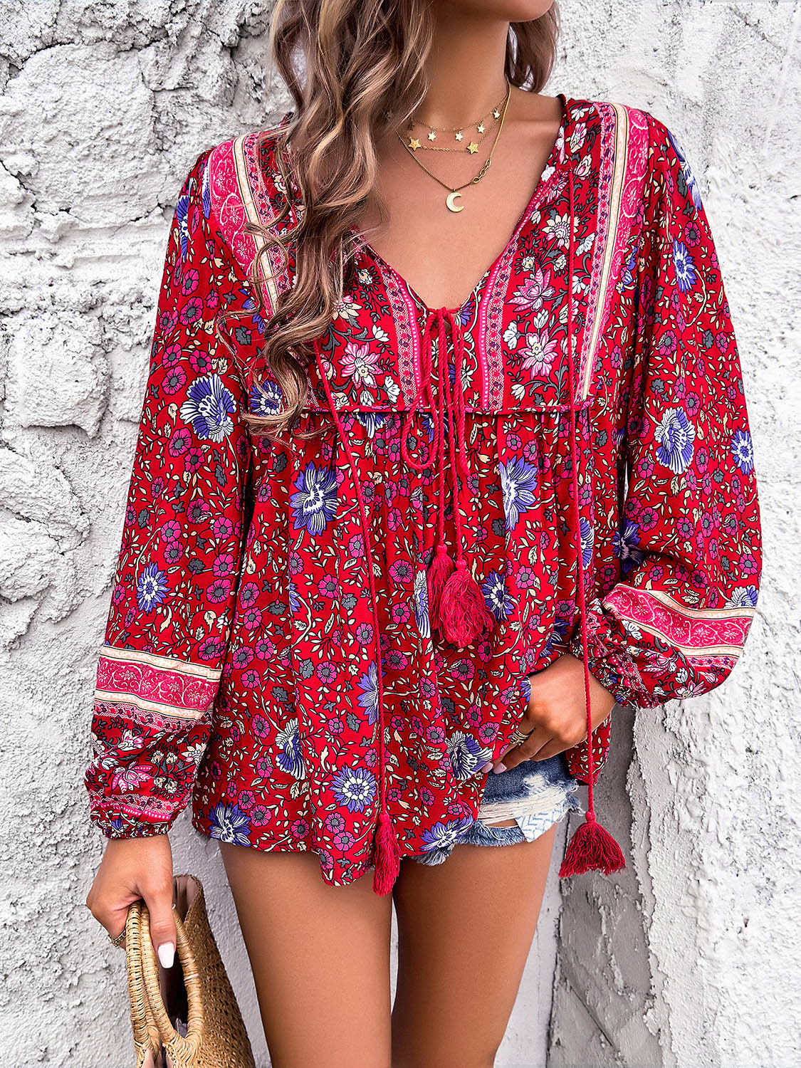 Printed Tie Neck Long Sleeve Blouse More Colors! - In Style Chics Boutique LLC