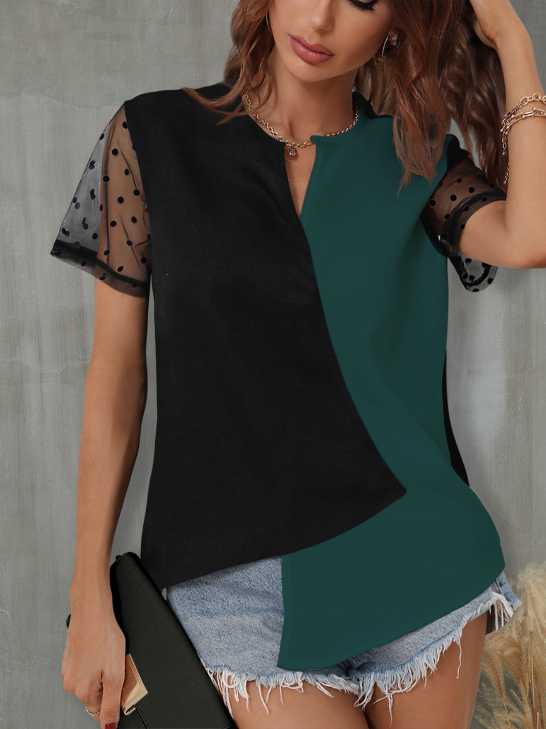 Color Block Notched Short Sleeve T-Shirt - More Colors! - In Style Chics Boutique LLC