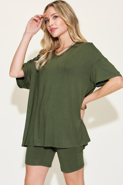 Basic Bae V-Neck Drop Shoulder Short Sleeve T-Shirt and Shorts Set - More Colors! - In Style Chics Boutique LLC