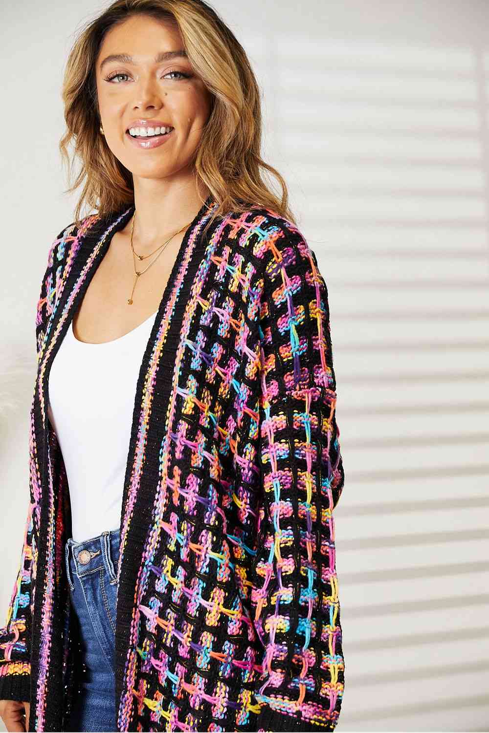 Double Take Full Size Multicolored Open Front Fringe Hem Cardigan - In Style Chics Boutique LLC