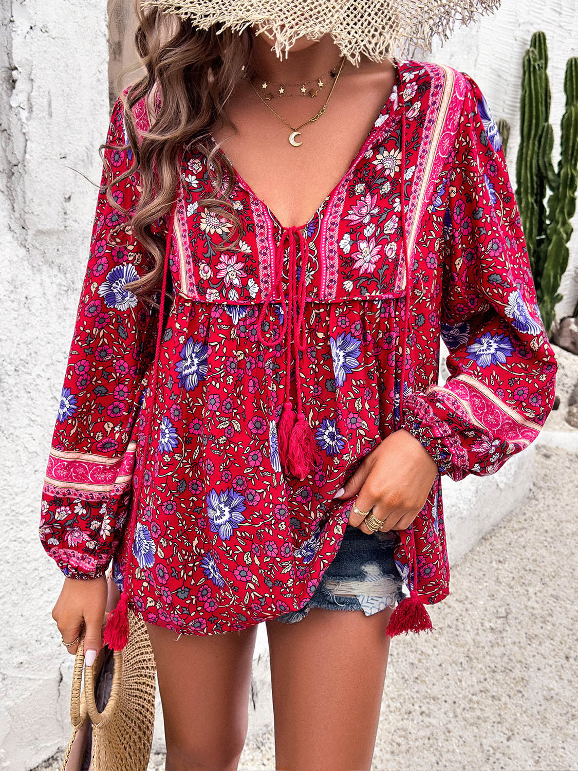 Printed Tie Neck Long Sleeve Blouse More Colors! - In Style Chics Boutique LLC