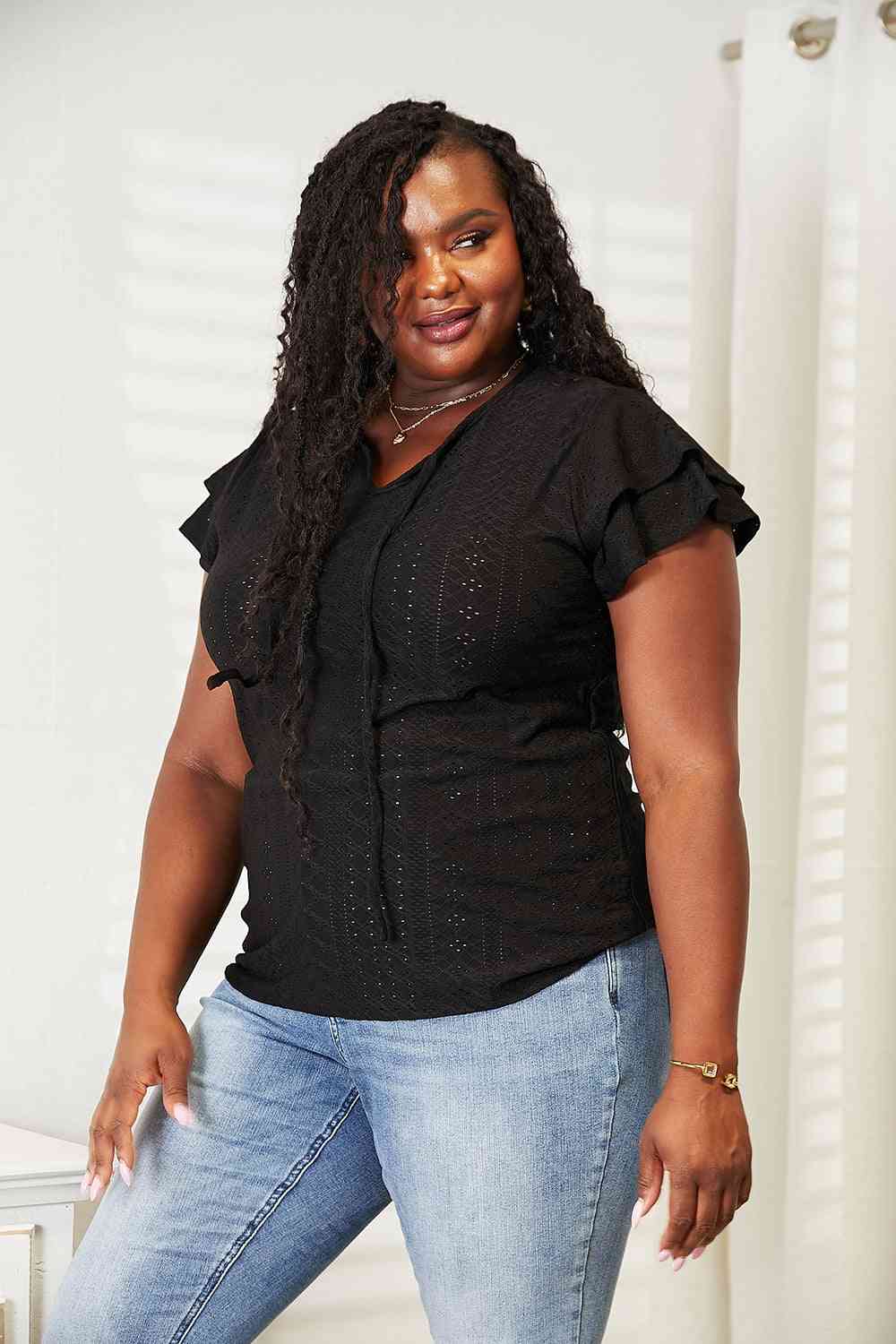 Double Take Eyelet Tie-Neck Flutter Sleeve Blouse - In Style Chics Boutique LLC