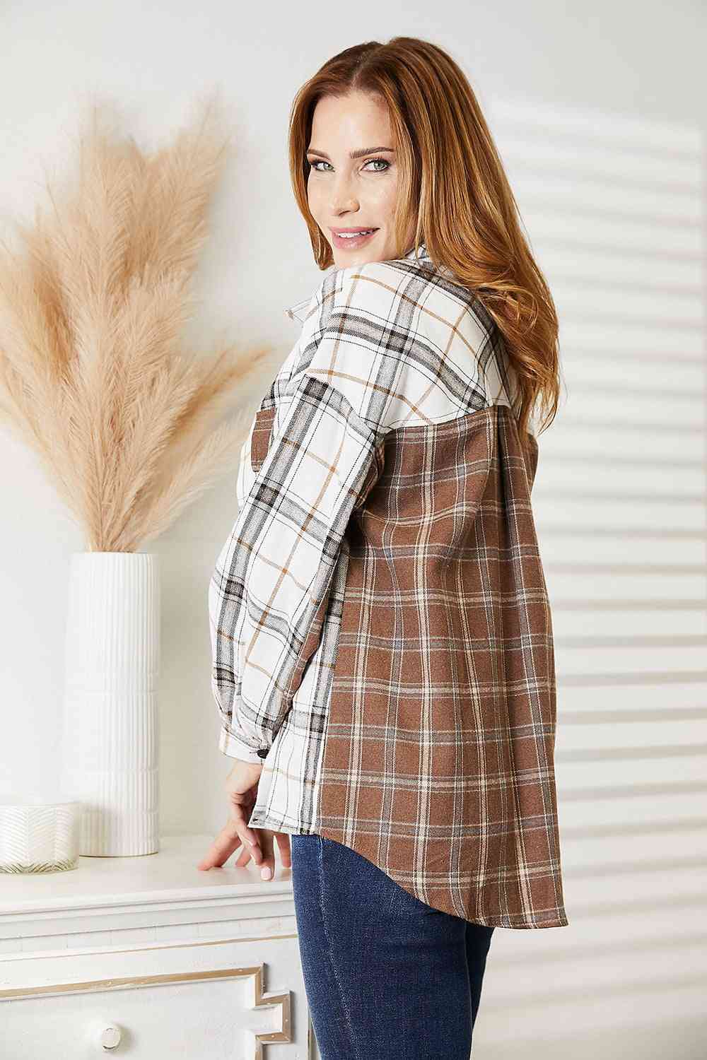 Double Take Plaid Contrast Button Up Shirt Jacket - In Style Chics Boutique LLC