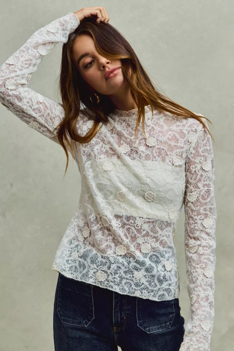 New Arrivals Collection Lace Long Sleeve 3d Effect Floral Layering Top in Off White 