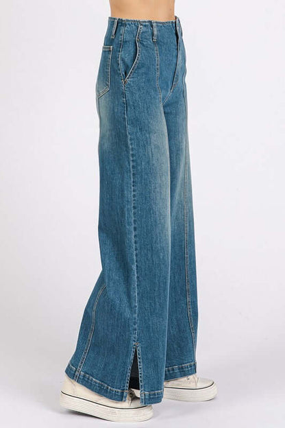 Mittoshop Medium Wash Seam Detail Wide Leg Denim Jeans