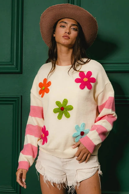 Colorful Floral Patched Sweater with Striped Sleeve at In Style Chics Boutique 
