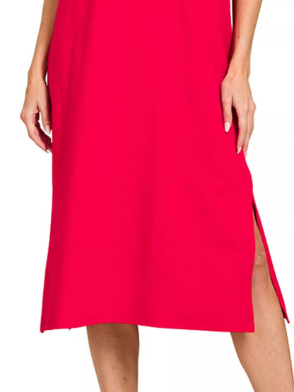 Midi Dress in Ruby Red with Side Slit at In Style Chics Boutique 