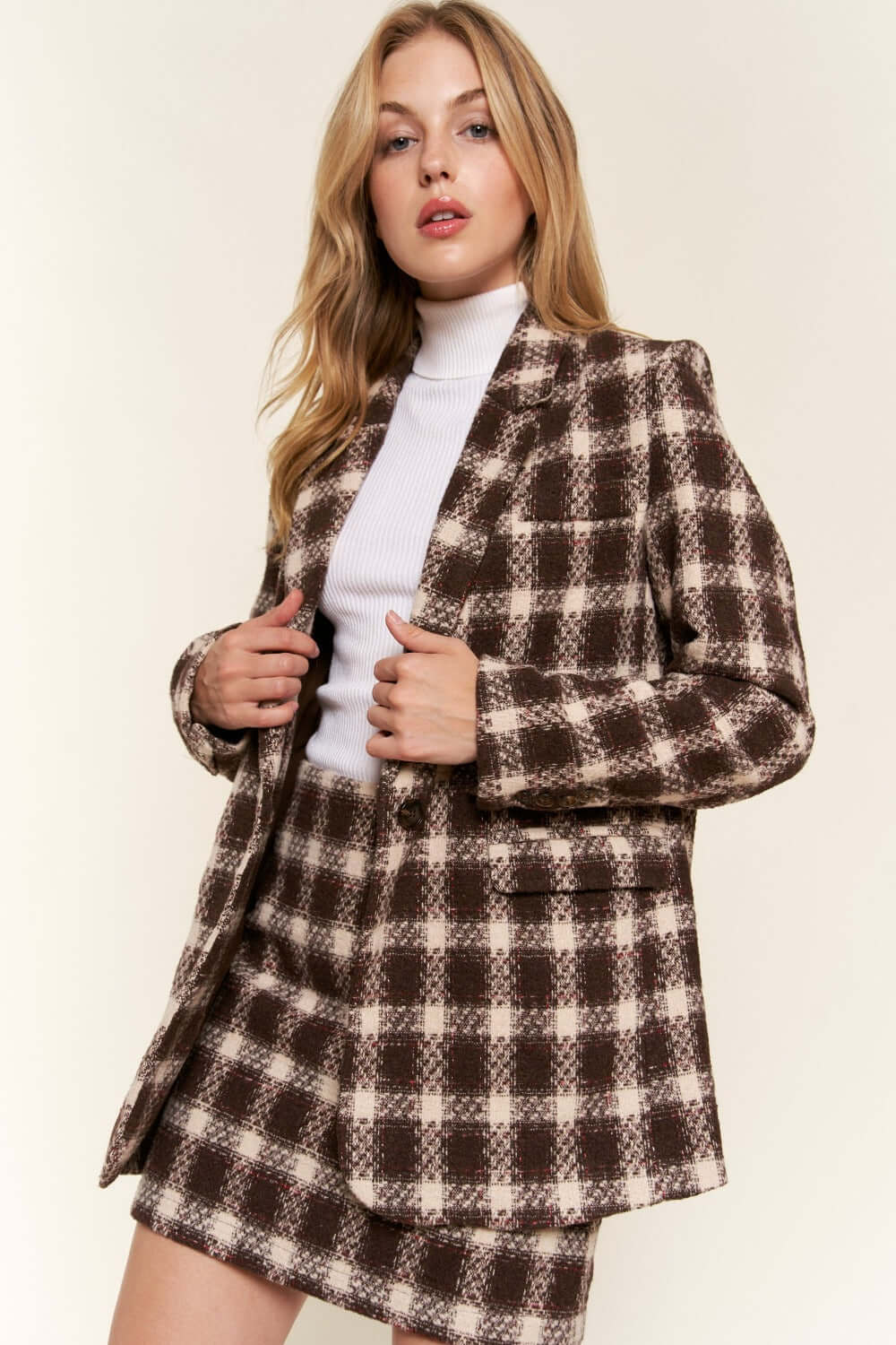 And The Why Full Size Plaid Brushed One Button Blazer - In Style Chics Boutique LLC