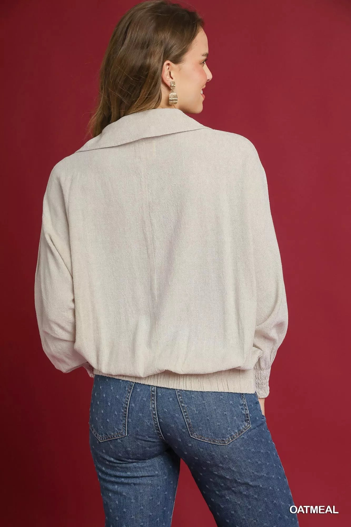Linen Blouse, Long Sleeves Elastic Hem at In Style Chics Boutique 