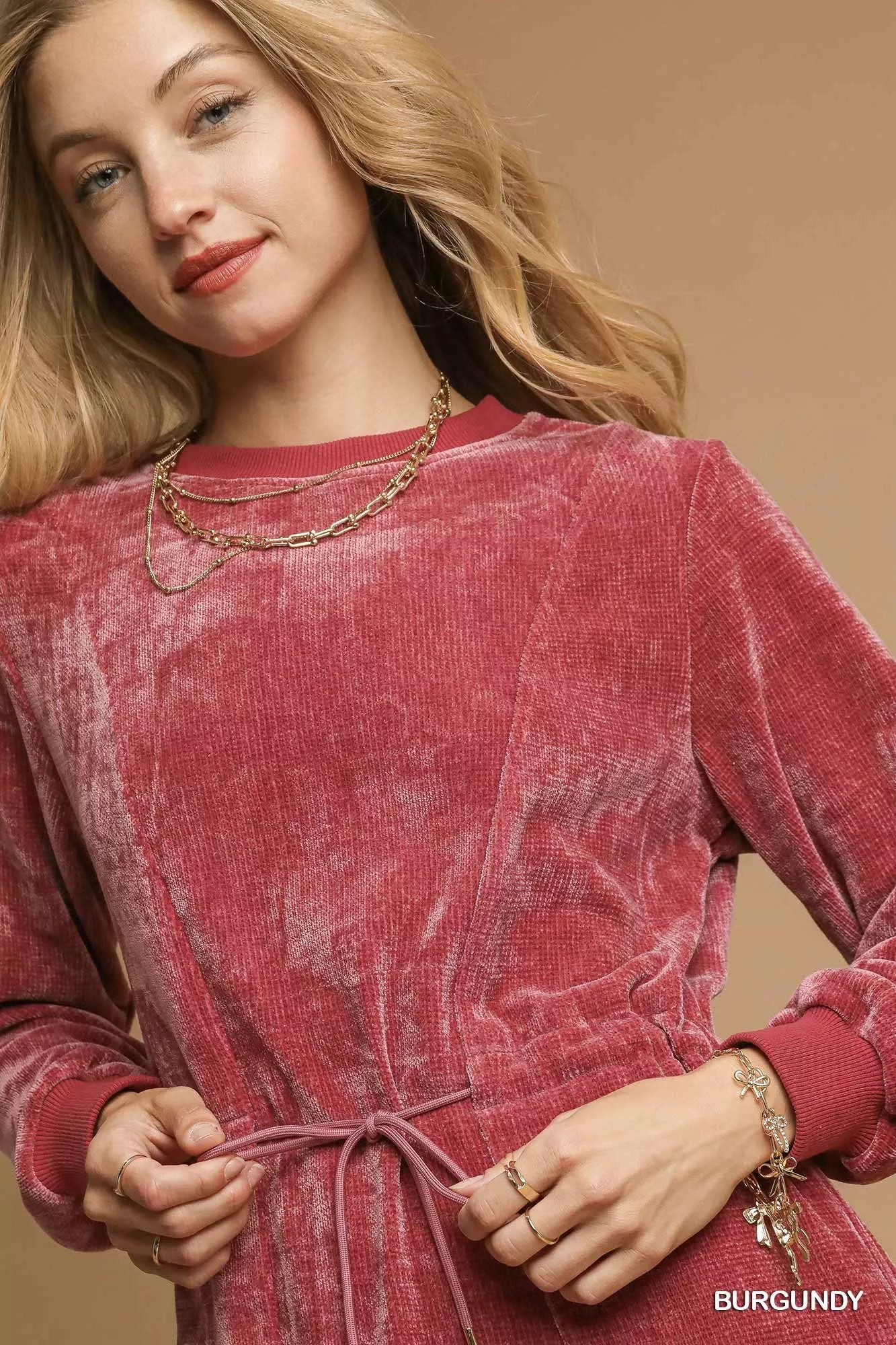 Velour Drawstring Mini Dress with Long Sleeves at In Style Chics Boutique 