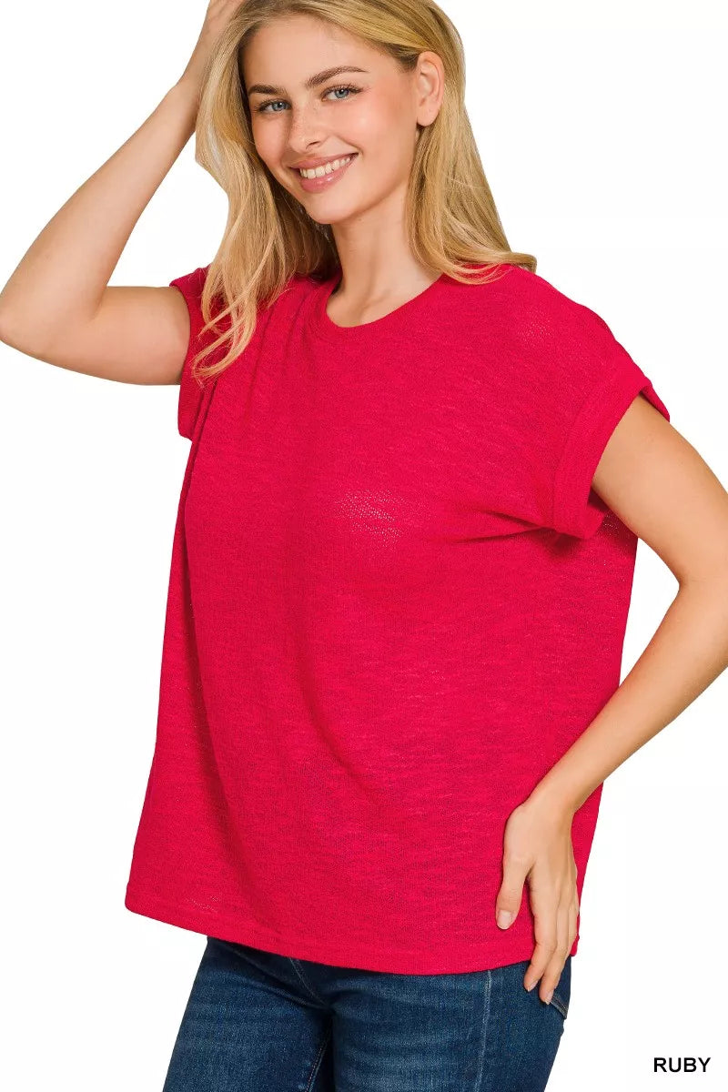 Zenana Hacci Slub Rolled Up Sleeve Tee for women 