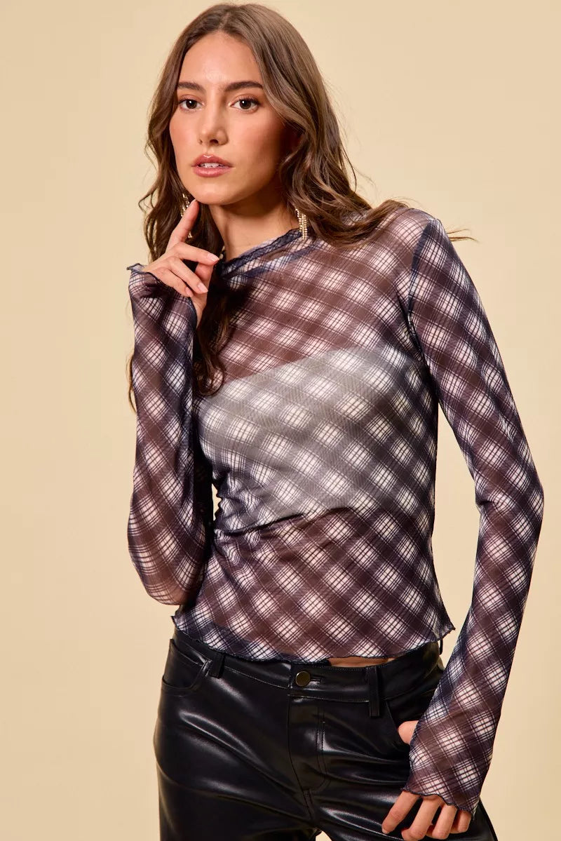 Plaid Mesh Knit Long Sleeve Top with Thumb Opening at In Style Chics Boutique 