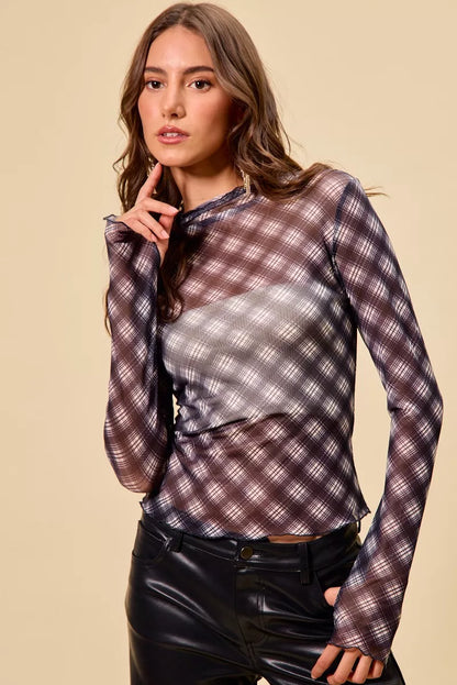 Plaid Mesh Knit Long Sleeve Top with Thumb Opening at In Style Chics Boutique 