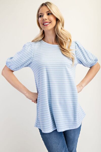 Gingham Print Top With Puff Sleeves Made in USA- In Style Chics Boutique Online Clothing 