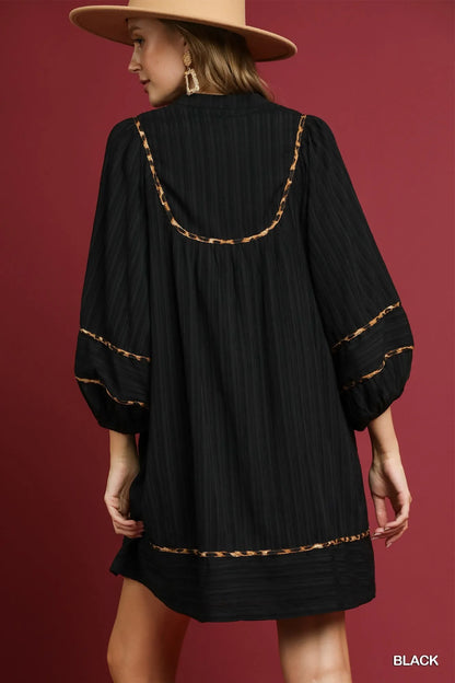 Textured Babydoll Dress with Leopard Trim at In Style Chics Boutique 