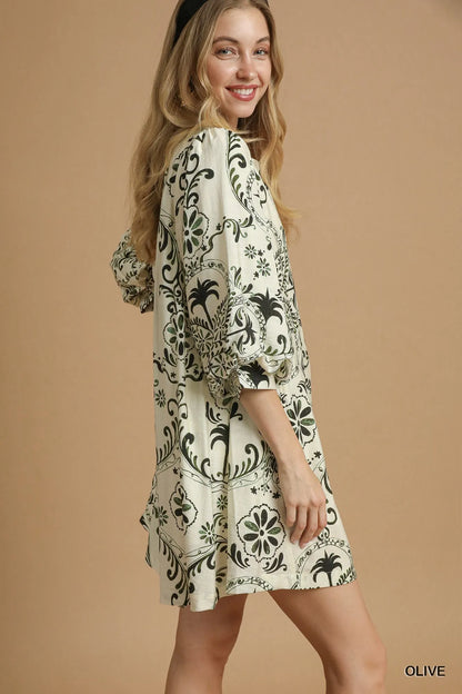 Boho Printed Balloon Sleeve Mini Dress at In Style Chics Boutique 