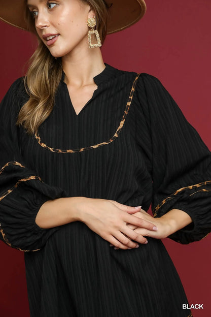Textured Babydoll Dress with Leopard Trim at In Style Chics Boutique 