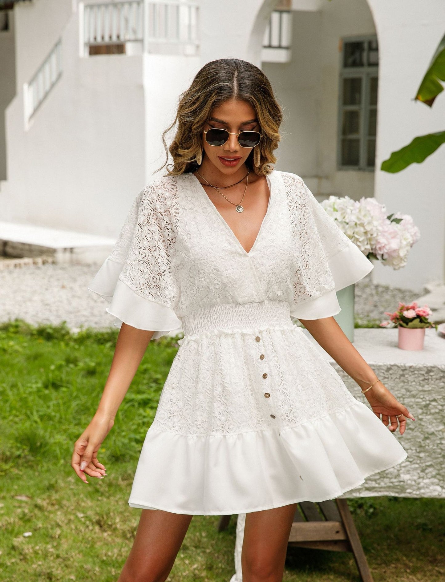 Lace Cutout Surplice Half Sleeve Dress - In Style Chics Boutique LLC