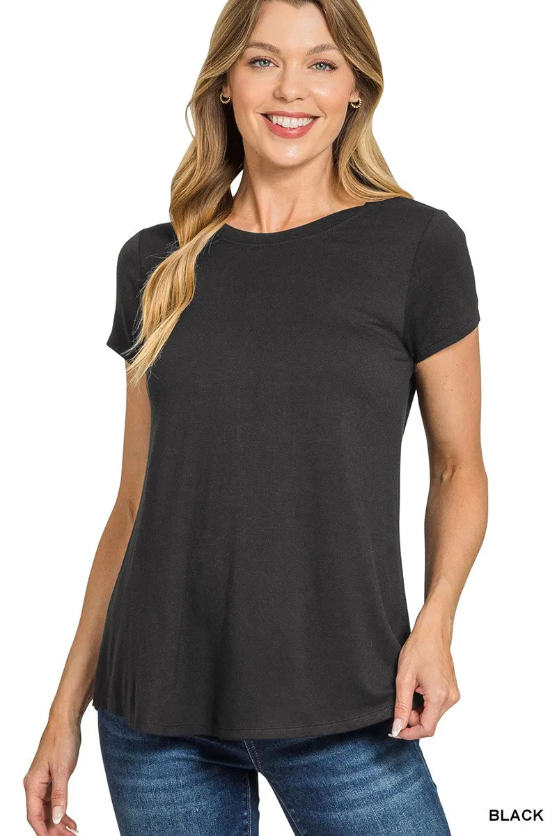 Short Sleeve Black T-Shirt Flowy Round Hem at In Style Chics Boutique 