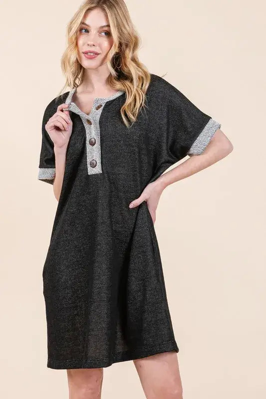 Casual Contrast Trim Henley Dress