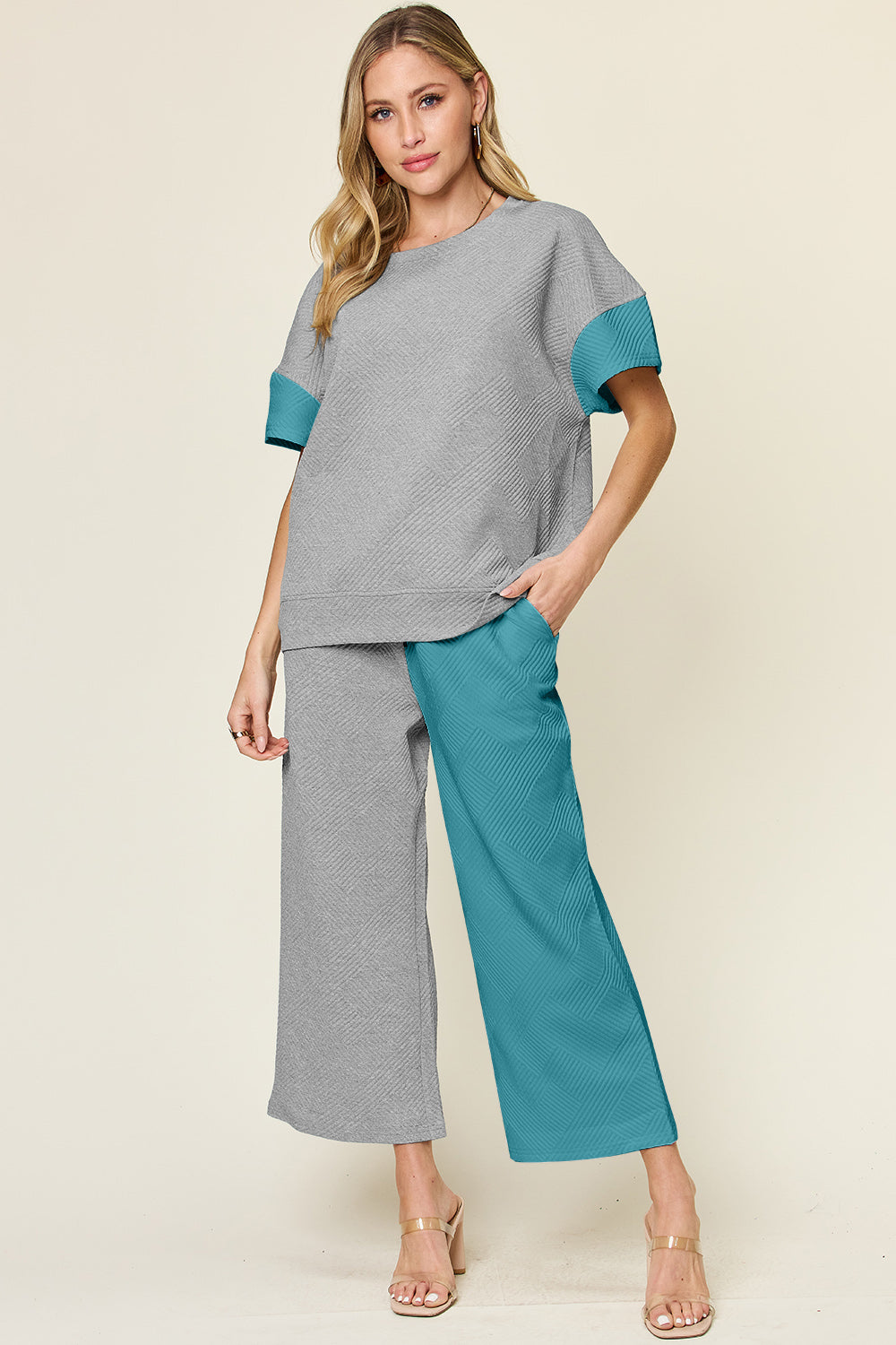 Double Take Full Size Texture Contrast T-Shirt and Wide Leg Pants Set - More Colors! - In Style Chics Boutique LLC