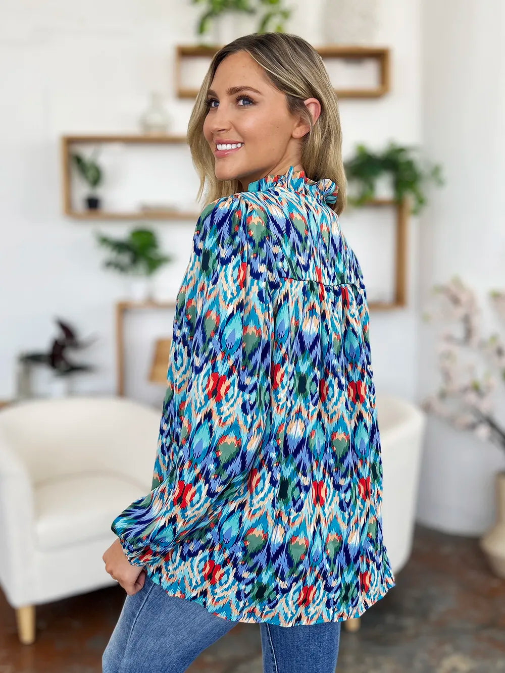 Printed Balloon Sleeve Blouse 💙 Shop Deals at In Style Chics Boutique 