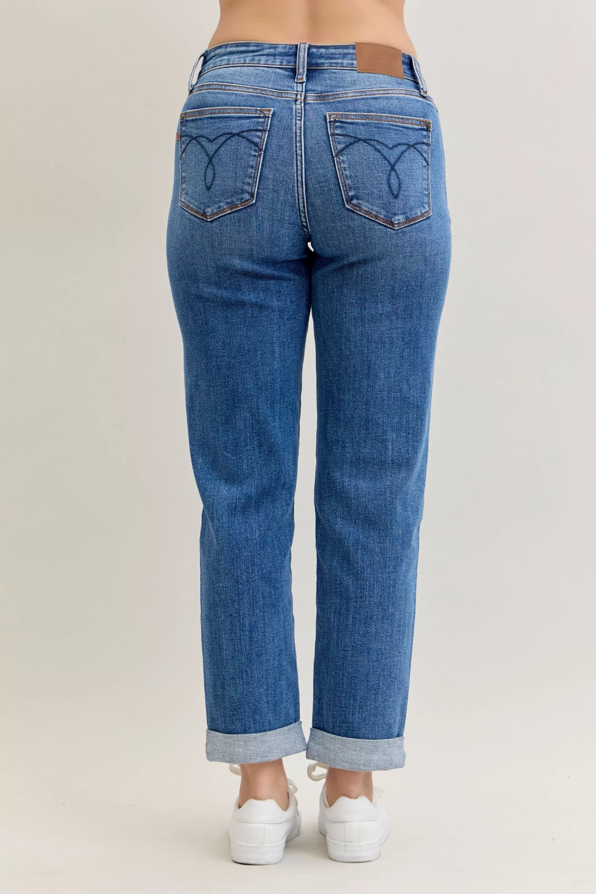 Judy Blue Mid Rise Boyfriend. Classic Cuffed Jeans at In Style Chics Boutique plus size jeans 