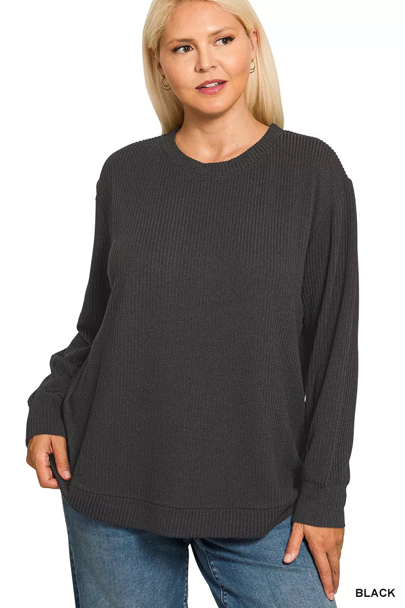 Long Sleeve Black Top, Raised Rib Round Neck  at In Style Chics Boutique 