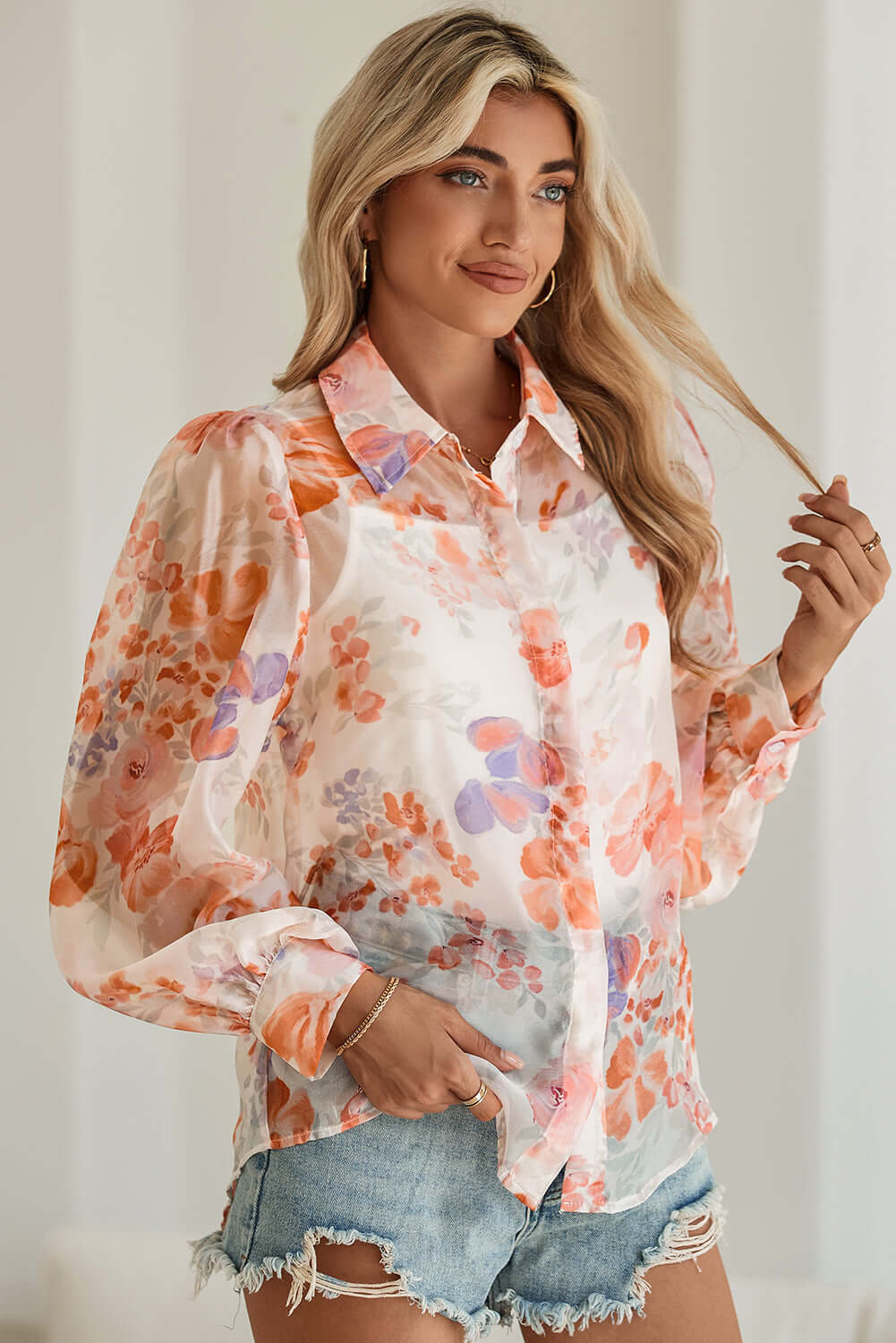 White Floral Print Buttoned Balloon Sleeve Loose Shirt - In Style Chics Boutique Cute Clothes Online Women's Juniors 