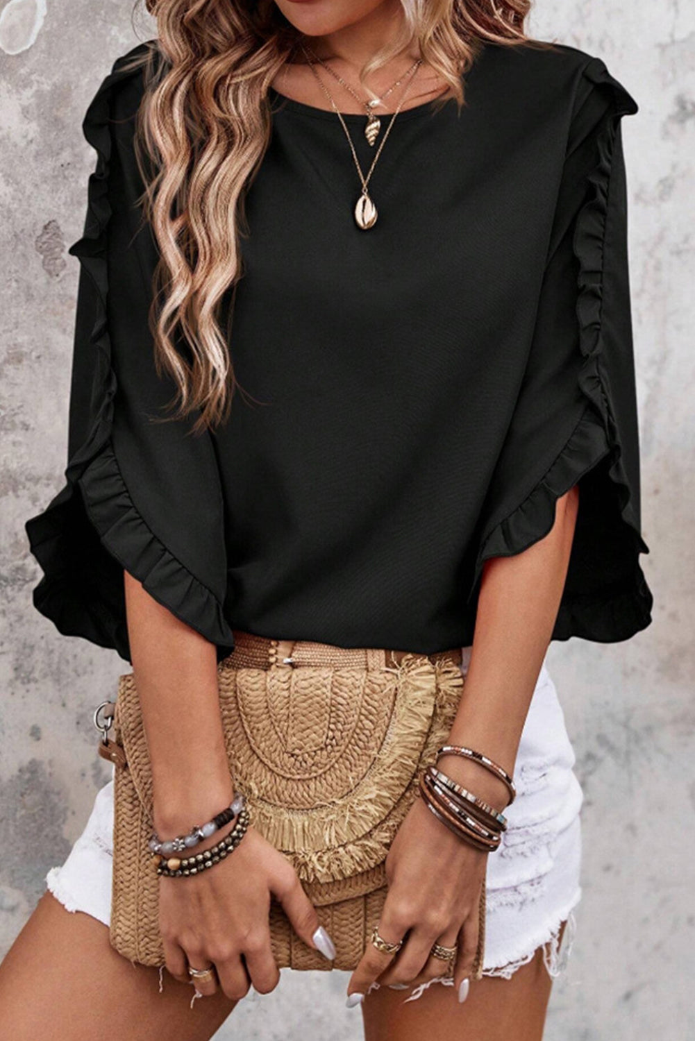 Frill Trim Plain Tulip Sleeve Blouse - Cute Clothes - In Style Chics Boutique Online Clothing Women's Juniors Apparel 