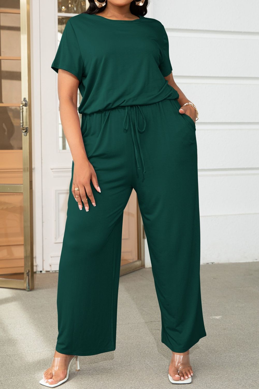 Plus Size Drawstring Waist Short Sleeve Jumpsuit - In Style Chics Boutique LLC