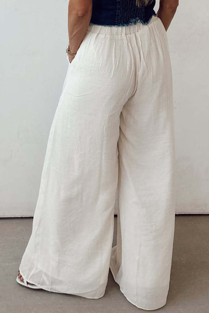Women's Juniors White Casual Tie Waist Pleated Wide Leg Pants - Cute Clothes for Spring - In Style Chics Boutique Online Apparel 